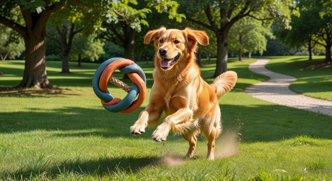 Happy golden retriever playing with a premium Zenoplenar dog toy in a bright sunny park