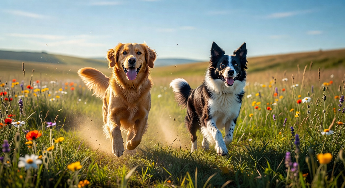 Two happy dogs running together in a sunlit meadow, representing the joy and energy that Zenoplenar toys bring to dogs