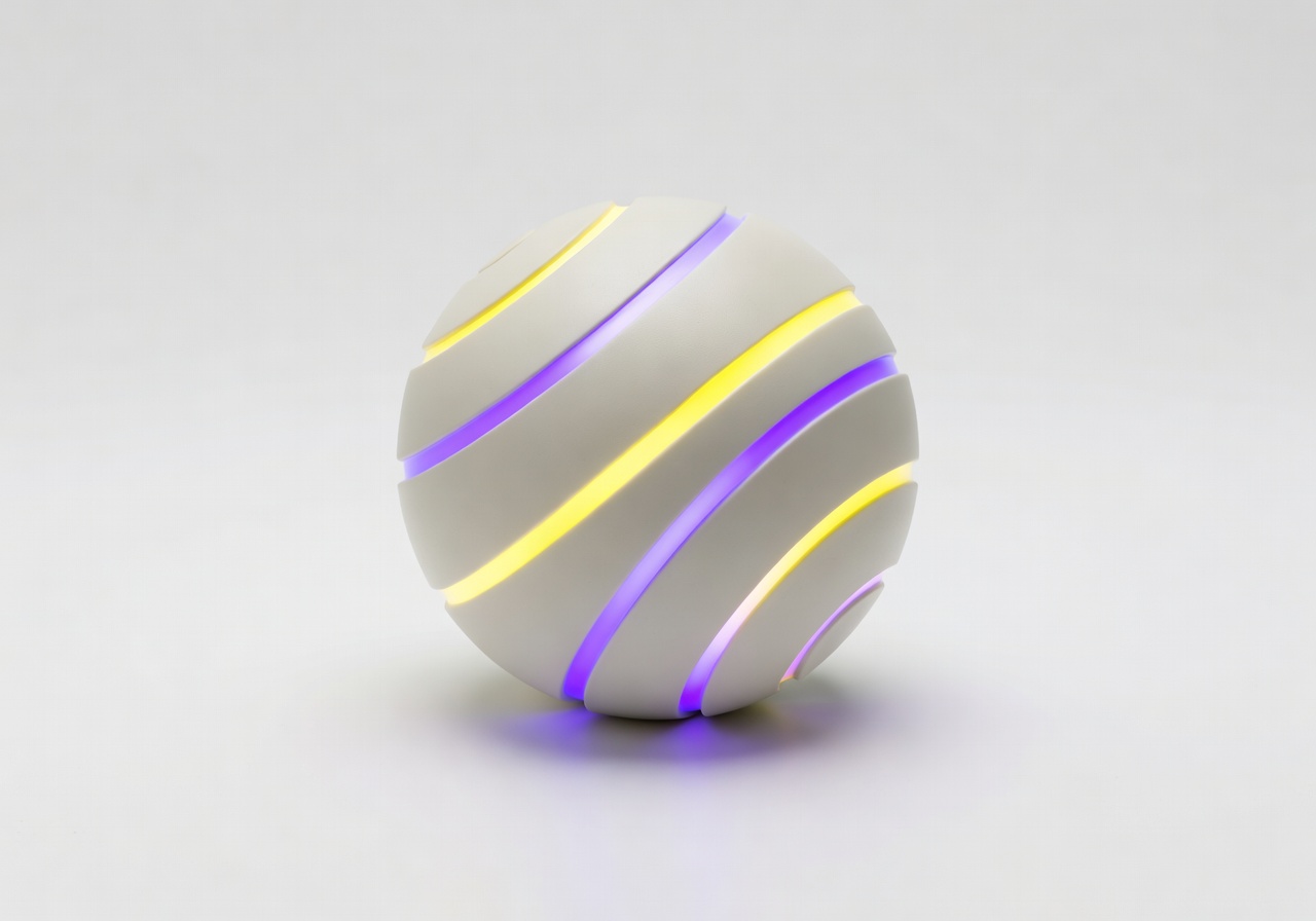 Zenoplenar Smart Ball interactive motion dog toy with glowing yellow and purple accents on minimal white background