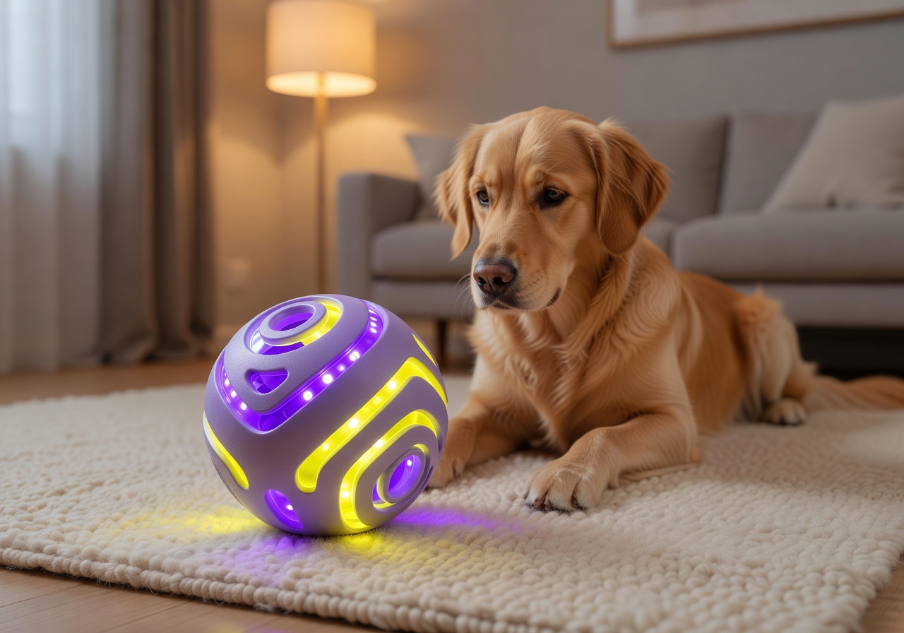 Zenoplenar Smart Ball premium dog toy with glowing purple and yellow accents
